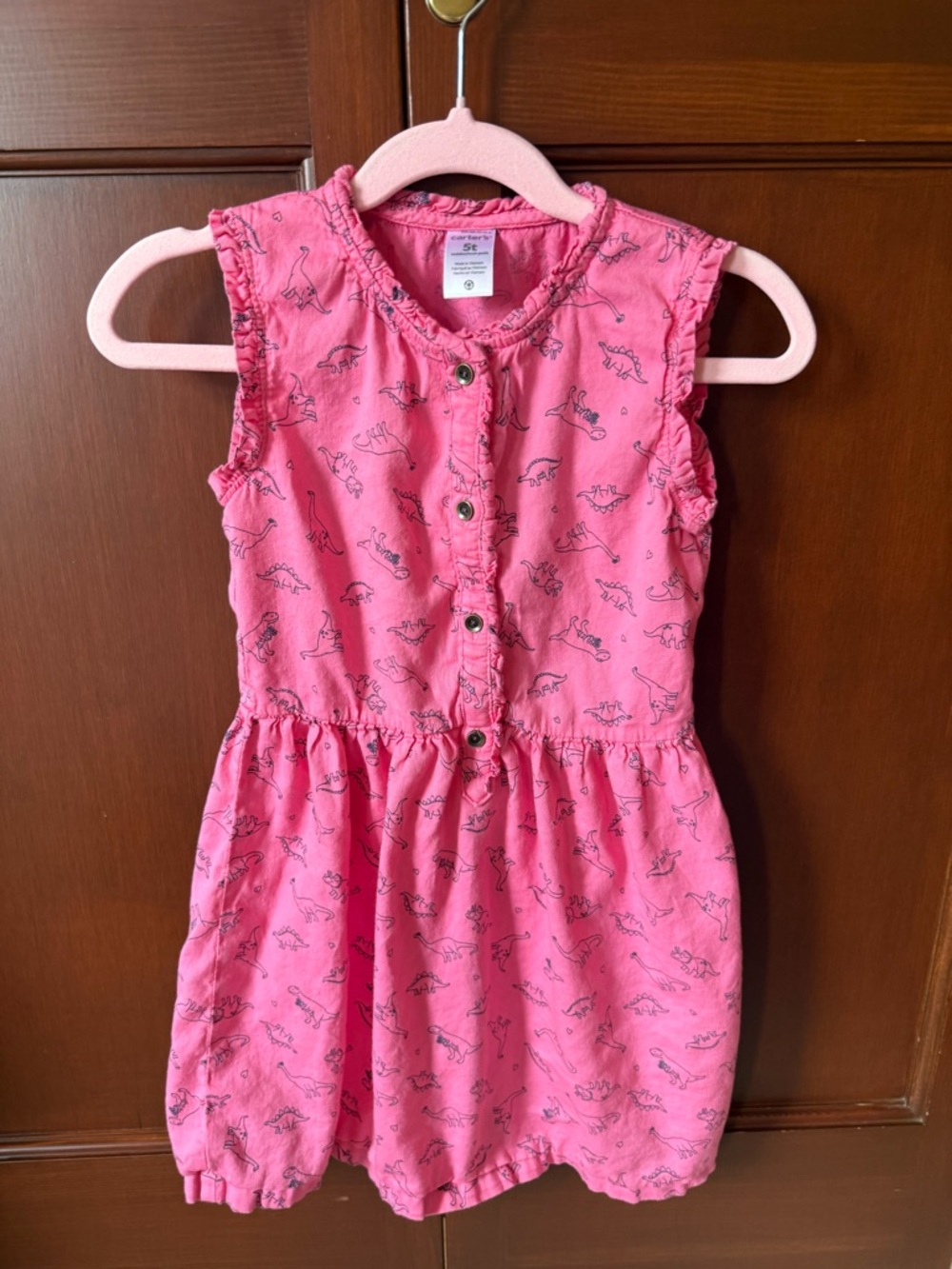 Carter's Pink Sleeveless Dino Button-Front Cotton Dress